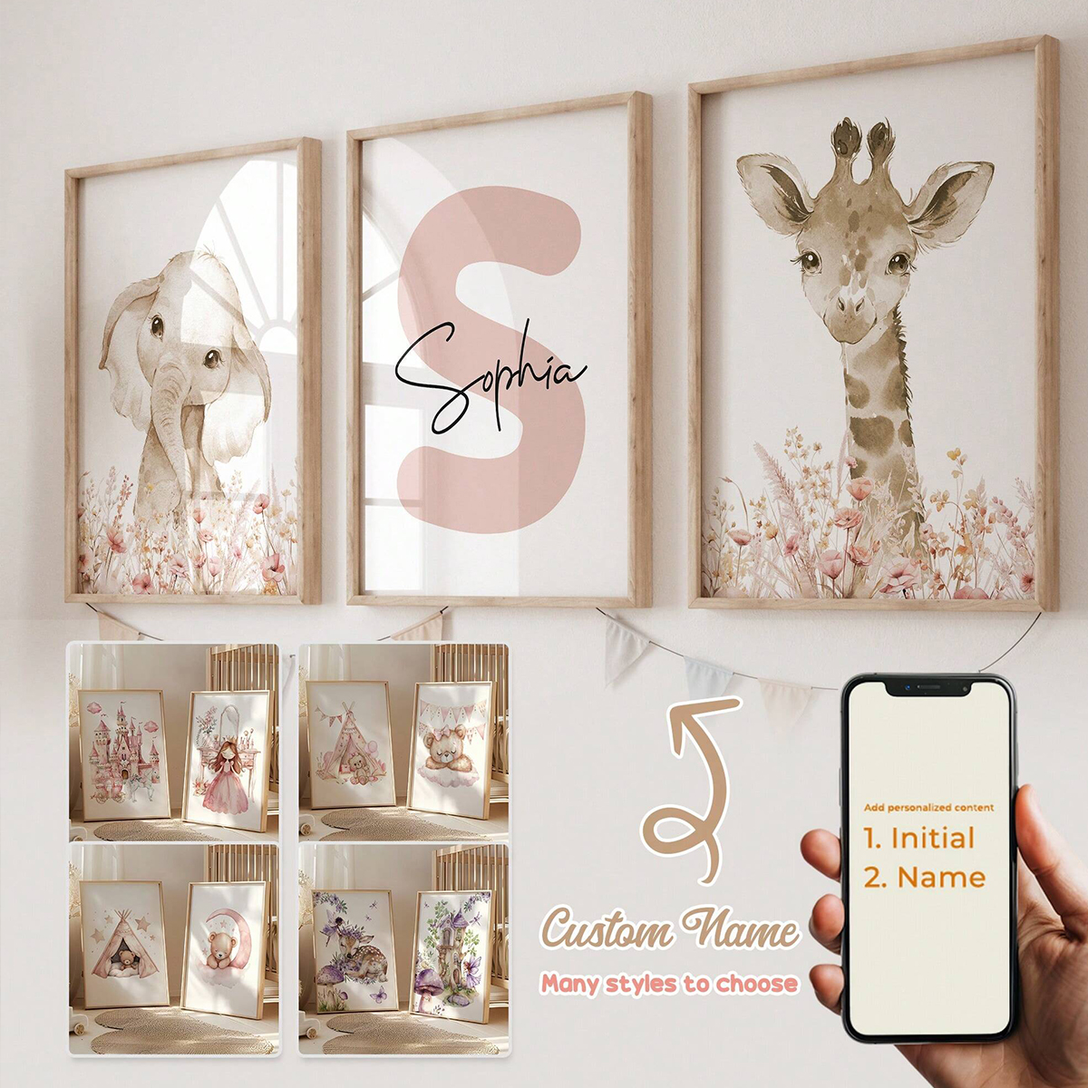 Baby Nursery Posters - Custom Name Nursery Wall Art Set,