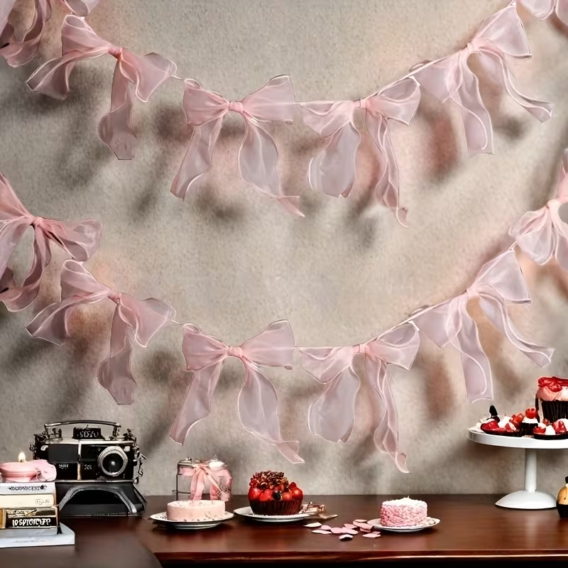 Baby Nursery Hanging Decor - Pink Bow Ribbon Hanging Garlands Banner