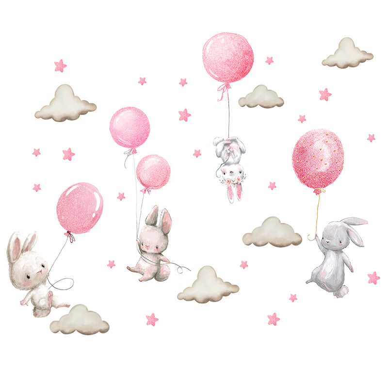 Baby Nursery Accessories - Watercolor Pink Balloon Bunny Cloud Wall