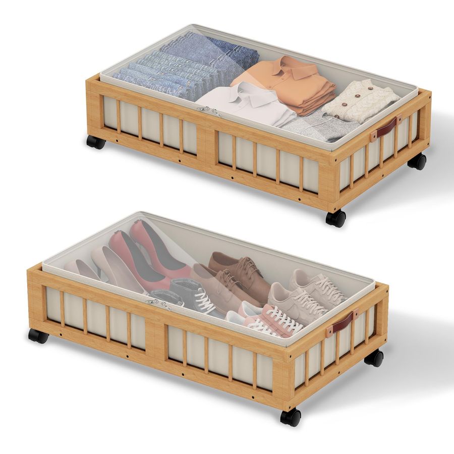 Storage Basket Fabric - 2Pack Bamboo Under Bed Storage Containers