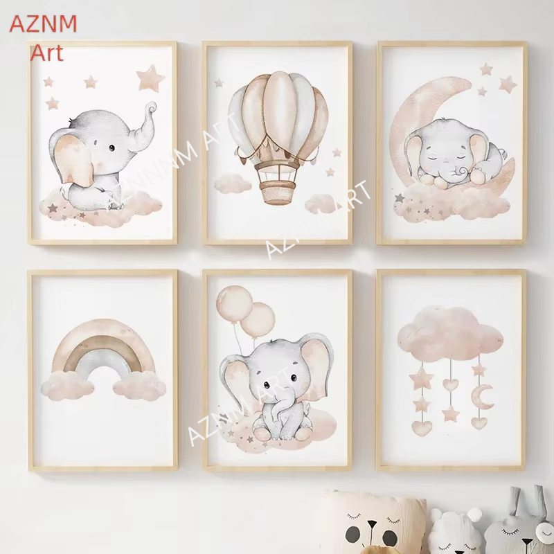 Elephant Balloon Rainbow Moon  - Baby Nursery Posters 리뷰 및 가격