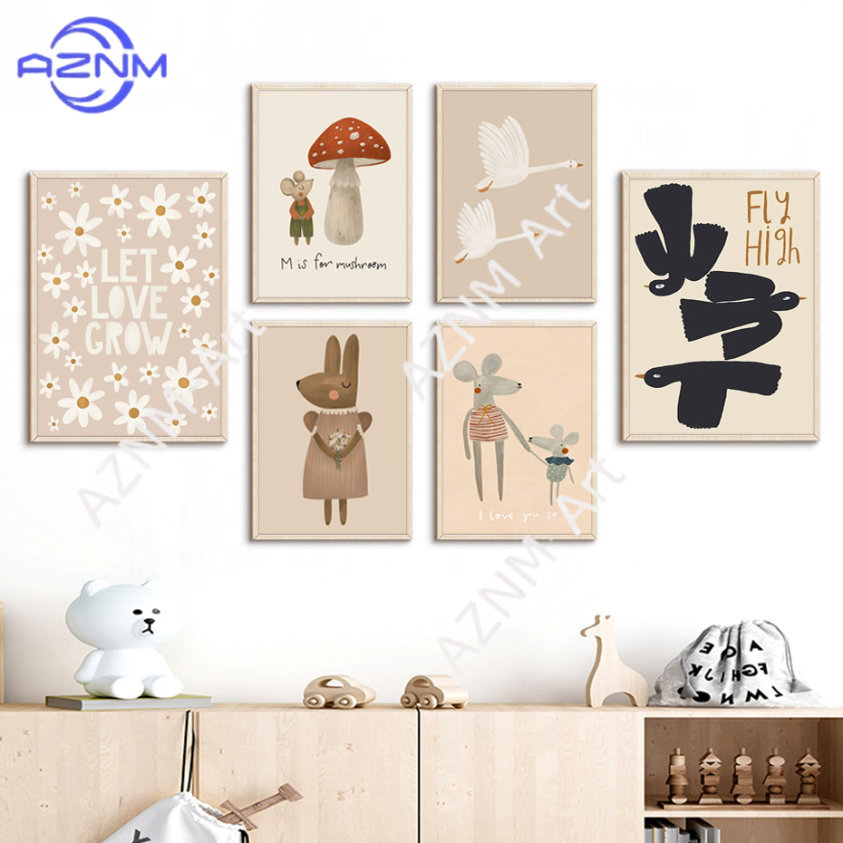 Boho Cartoon Rabbit Mouse Goos - Baby Nursery Posters 리뷰 및 가격