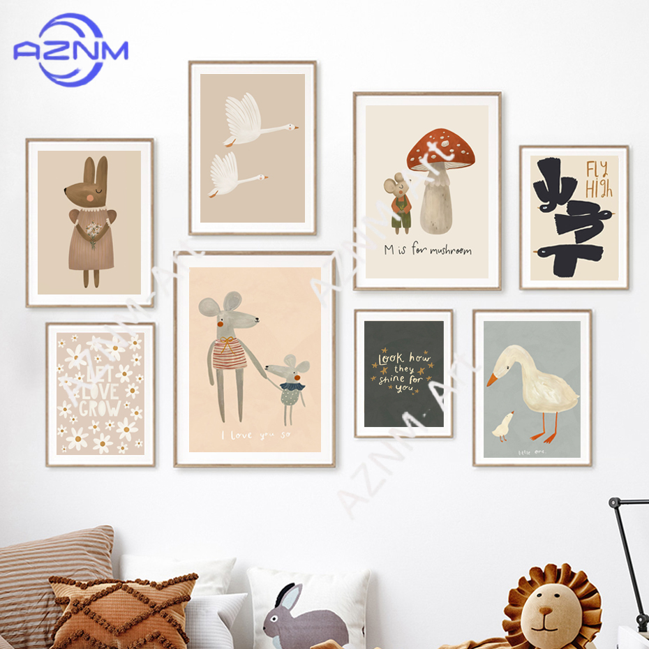 Boho Cartoon Rabbit Mouse Goos - Baby Nursery Posters 리뷰 및 가격