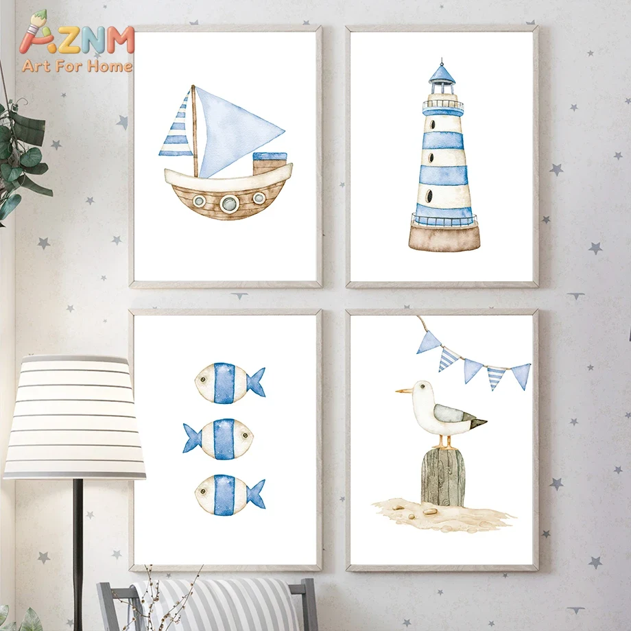 Sailboat Lighthouse Fish Nauti - Baby Nursery Posters 리뷰 및 가격