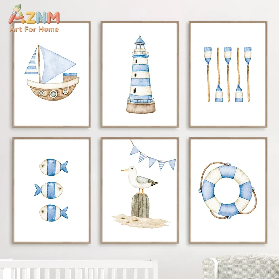 Sailboat Lighthouse Fish Nauti - Baby Nursery Posters 리뷰 및 가격