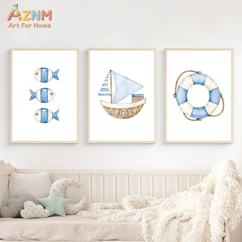 Sailboat Lighthouse Fish Nauti - Baby Nursery Posters 리뷰 및 가격