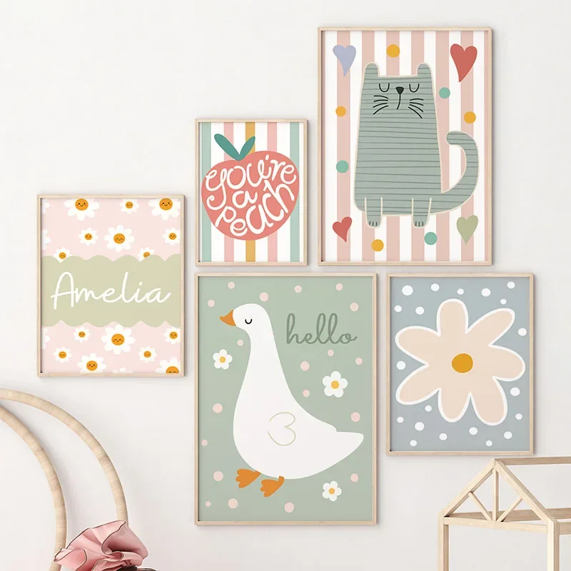 Cartoon Cat Duck Bird Apple Cu - Baby Nursery Posters 리뷰 및 가격