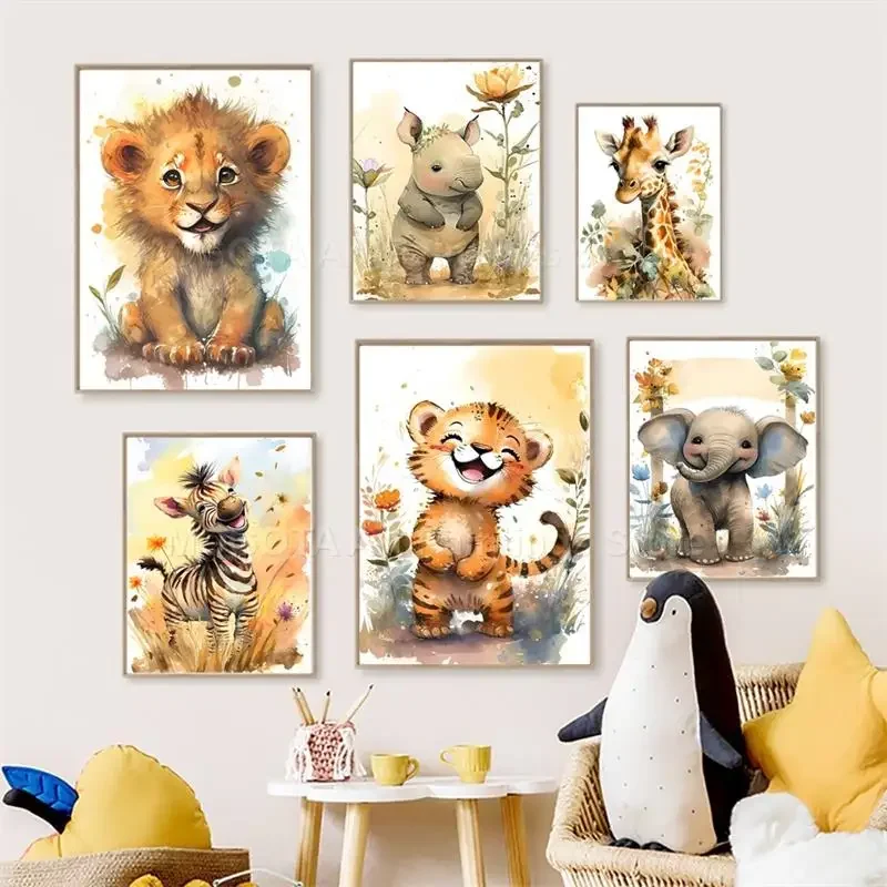 Watercolor Lion Giraffe Tiger  - Baby Nursery Posters 리뷰 및 가격