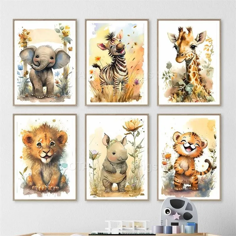 Watercolor Lion Giraffe Tiger  - Baby Nursery Posters 리뷰 및 가격