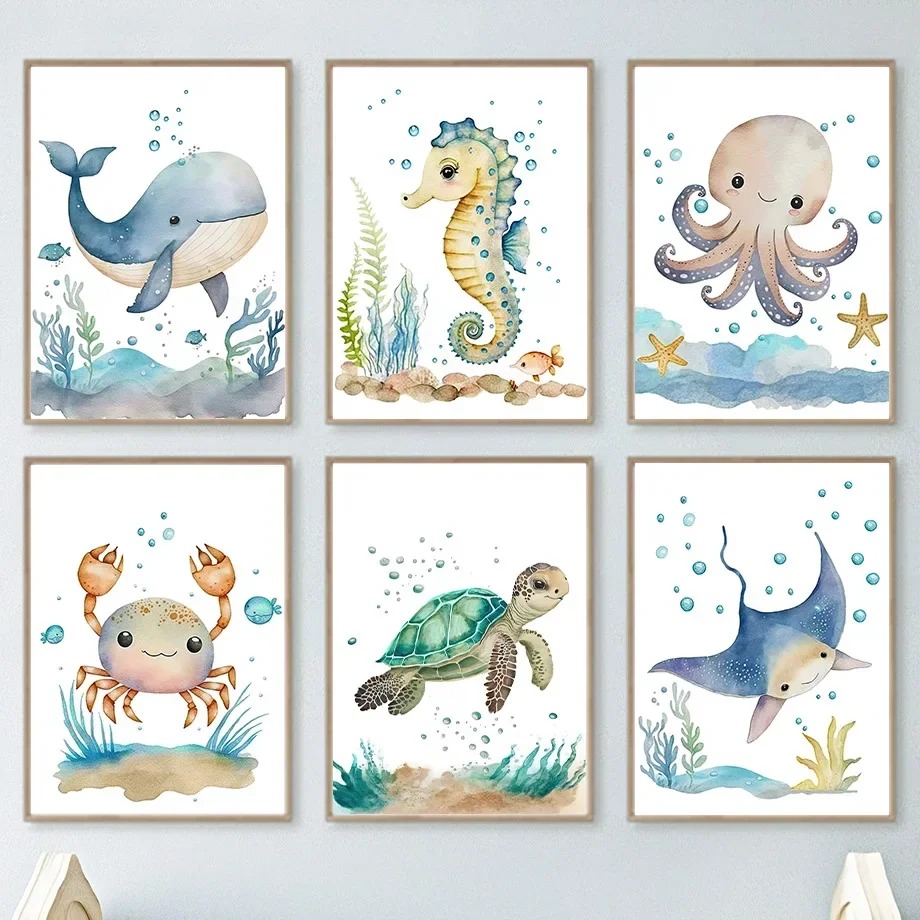 Cute Whale Sea Horse Octopus C - Baby Nursery Posters 리뷰 및 가격
